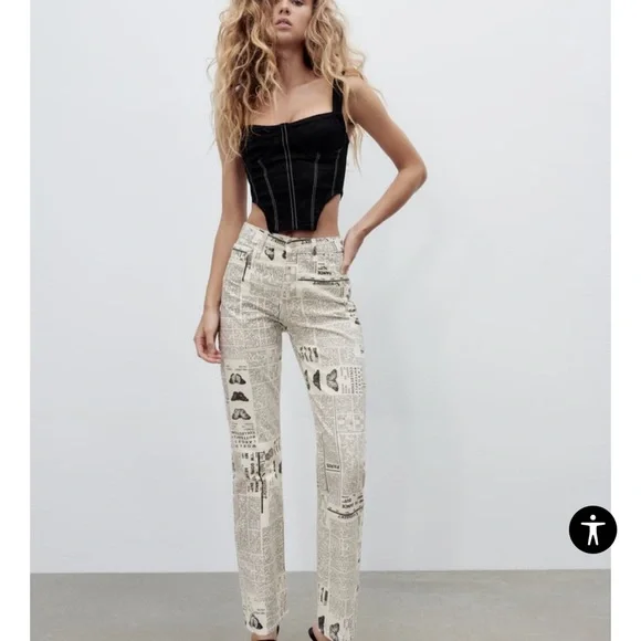 zara newspaper print pants